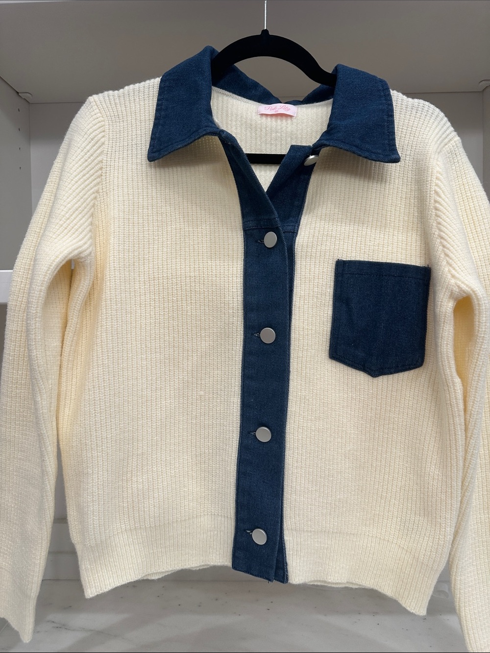 Pink Lily medium Cream Knit Cardigan with Navy Trim.  Like new